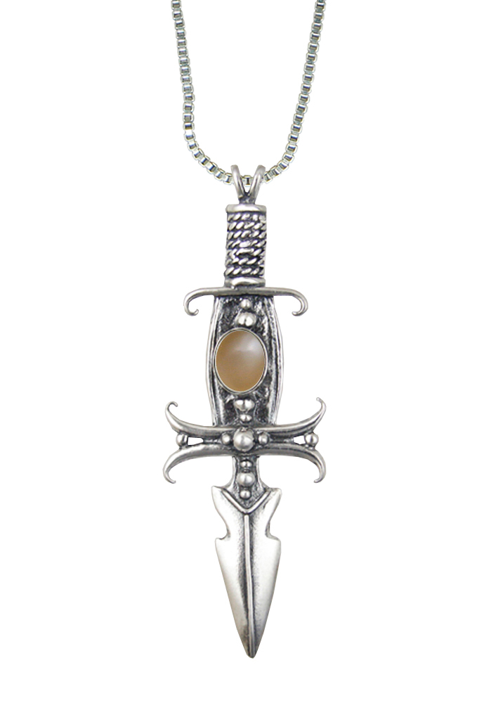 Sterling Silver Deathmaker Knife Dagger Pendant With Peach Moonstone